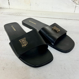 Burberry Monogram Plaque Leather Slip On Flat Slide Sandals Black Size 41 / 10.5