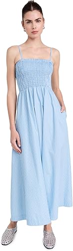 Anthony Thomas Melillo ATM Superfine Twill Stripe Smocked Maxi Dress Blue Medium