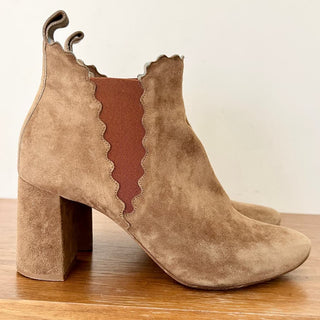 Chloe Lauren Scalloped Suede Ankle Block Boots Light Brown Women's Size 38.5