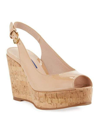Stuart Weitzman Jean Patent Lether Peep-Toe Wedge Slingback Sandals Nude US 5