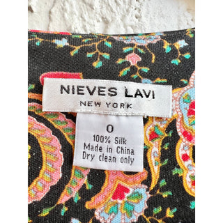 Nieves Lavi Cap Sleeve 100% Silk Paisley Print Maxi Dress Black Women's Size 0