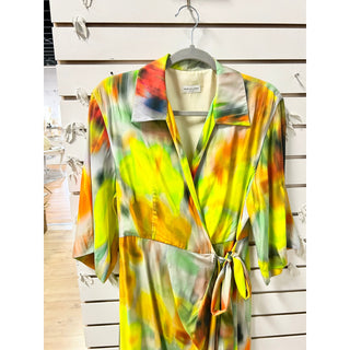 Dries Van Noten Darola Watercolor Print Midi Wrap Dress Yellow Women's 38 / US 6