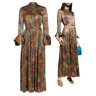 NWOT Rosetta Getty Floral Long Sleeve Belted Silk Maxi Shirtdress Women's US 6