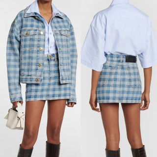 $380 NWT AMI Paris Gingham High Waisted Jacquard Denim Mini Skirt Blue 26 / 2