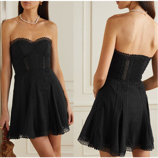 NWT $680 Charo Ruiz Ava Strapless Guipure Lace-Trim Bustier Mini Dress Black XS