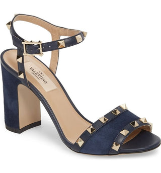 Valentino Garavani Rockstud Suede Ankle Strap Block Heel Sandals Denim EU 39
