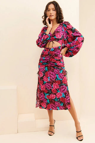 For Love & Lemons Scarlett Floral Balloon Sleeve Cut-Out Slit Midi Dress Pink XS