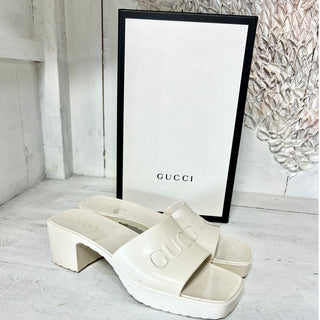 Gucci Embossed Logo Gloss Rubber Slide Heeled Mule Sandals Off-White Women 38