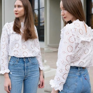 Zara Long Sleeve Eyelet Embroidered Semi Sheer Top Blouse White Women's Size XL