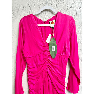 NWT Farm Rio Long Sleeve Ruched V Neckline Midi Dress Pink Women's Size Medium