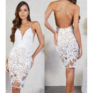 NWT Nadine Merabi Talia Sequin Embellished Sheer Mesh Knee Length Dress White XS