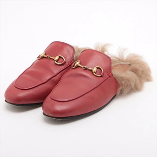 Gucci  Princetown Leather Slip On Flat Mules with Fur Red Women's Size EU 39.5