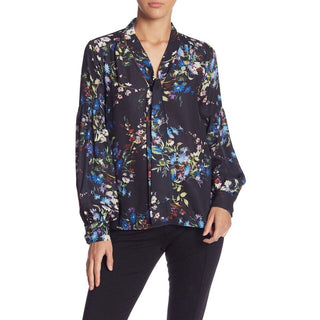 $248 Parker Long Sleeve Floral Print V-Neck Tie Top Blouse Black Women's Large