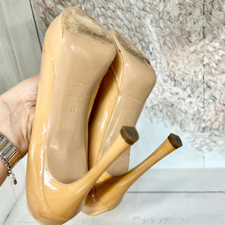 Saint Laurent YSL Patent Leather Slip On Peep Toe Stilettos Pump Beige 38 / 7.5