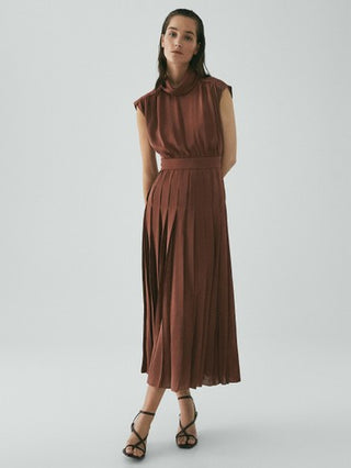 NWT Massimo Dutti Cap Sleeve Cowl Neck Pleated A-Line Midi Dress Brown Womens 6