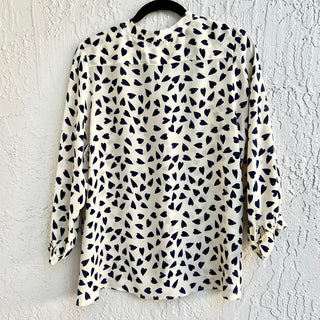 Lauren Gold Dolman Sleeve Heart Print 100% Silk Top Blouse Cream Blue Women's M