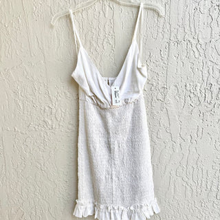 NWT Sky Blush Sleeveless Linen Smocked Ruffle V Neck Mini Dress White Size Small