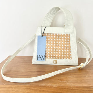 NWT Parisa Wang Calf Leather Audrey Top Handle Shoulder Bag Cream w/ Bamboo