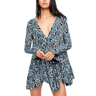 Free People Flare Sleeve Floral Print Ruffle Olivia Top Black Green Women's XS