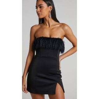 Showpo. Strapless Faux Feather Trim Rhaiza Mini Dress Black Women's Size US 2