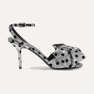 Balenciaga Bow Polka-Dot Flocked Lamé Ankle Strap Sandals Silver Black EU 39.5