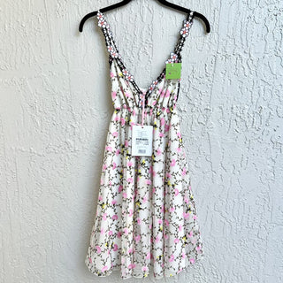 NWT GIAMBA Sleeveless Floral Embroidered Midi Dress White Pink Womens 42 / US 6