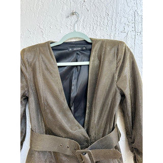 Zara 3/4 Sleeve Wrap Belt Metallic Blazer Mini Dress Gold-green Women's Small