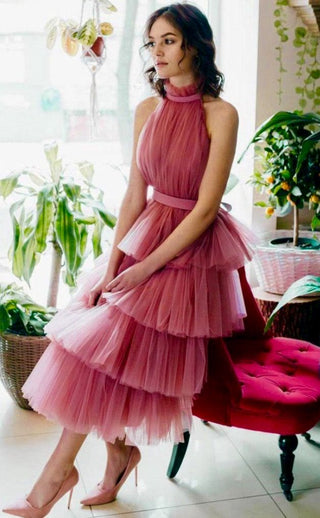 NWOT Yulia Prokhorova Vivian Halterneck Tulle Ruffle Midi Dress Pink Womens M