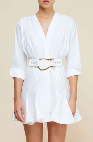 Acler Bastor Cotton Gold Belted Cuffed Sleeve Mini Dress Ivory Women's Size 8