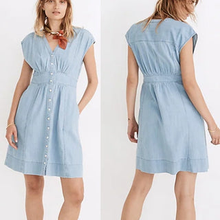 Madewell Denim Cap-Sleeve Button-Front Mini Dress Sunwashed Indigo Women's 14