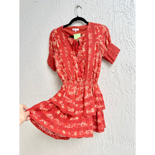 Krewe Du Q Ruffle Boho Floral Print “Kingston” Tiered Mini Dress Red Women's XS