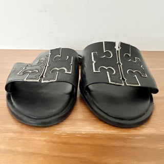 Tory Burch Double T Logo Sport Slide Flat Sandal Black Leather Women's Size 8