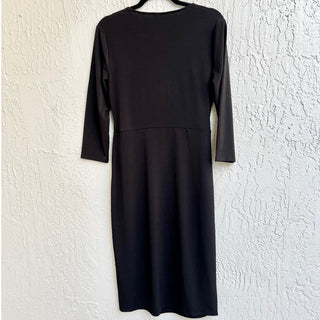 T Tahari 3/4 Sleeve Asymmetrical Slit V Neck Midi Dress Black Women's Size Small