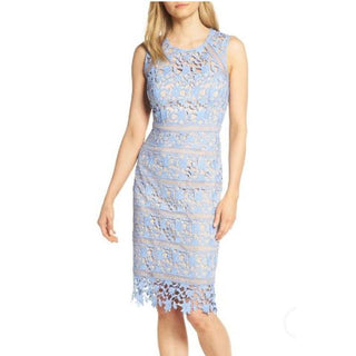 Eliza J Sleeveless Lace Embroidered Midi Sheath Dress Blue Women's Size 2