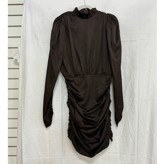 NWT Rare London Long Sleeve High Neck Ruched Satin Mini Dress Brown Women's US 6