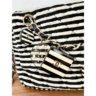 Chanel Striped Flap Classic Velour Velvet Shoulder Bag Black White Women's