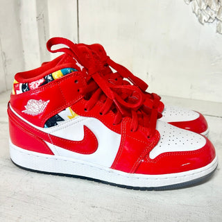 Nike Air Jordan 1 Mid SE GS Barcelona Sweater Sneakers Red Patent Boys 6.5Y / 39