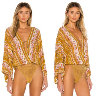 Free People Intimately For You Floral Lace Bodysuit Mustard Yellow Women's XS