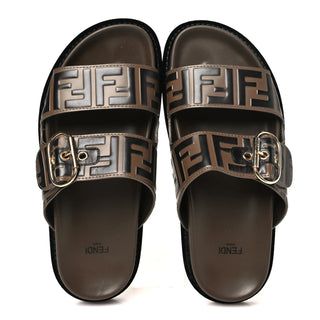 Fendi Calfskin FF Embossed Pearland Slide Sandals Tobacco Moro Womens EU 36.5
