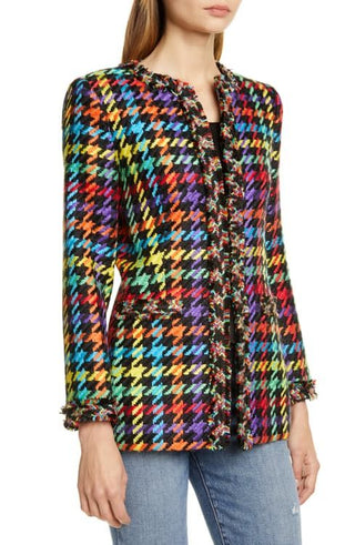 NWT Alice + Olivia Andreas Frayed Houndstooth Tweed Blazer Black Multi Womens XL