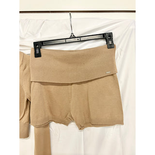 Lounge Knitted Long Sleeve Crop Top & Fold Waist Shorts Set Tan Women's Size XS