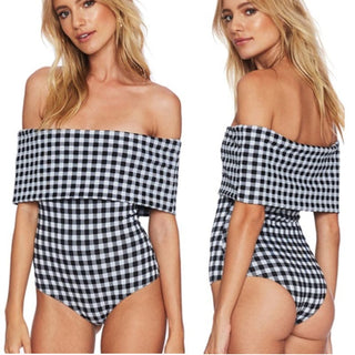 Beach Riot Gingham Off-the-Shoulders One Piece Swimsuit Black/White Women's Sz S