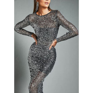 NWT Showpo. Back Split Nicky Sequin Mesh Maxi Dress Black Silver Women's US 2