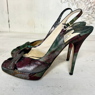 Jimmy Choo Textured Suede Metallic Peep Toe Slingback Stilettos Pumps Multi 38.5