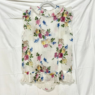 Massimo Dutti Floral Ruffle Trim Blouse White Multi Women's Size 44/34 / Large