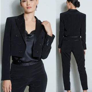 Elie Tahari Satin Crepe Long Sleeve Cropped Tuxedo Jacket Black Women's US 4