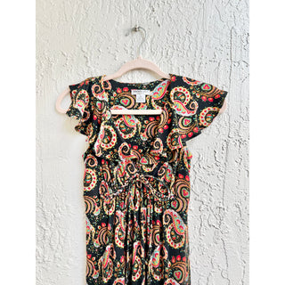 Nieves Lavi Cap Sleeve 100% Silk Paisley Print Maxi Dress Black Women's Size 0