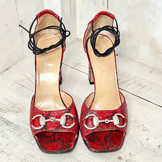 Gucci Horse Bit Snakeskin Leather Slip On Ankle Strap Heeled Sandals Red Women 6