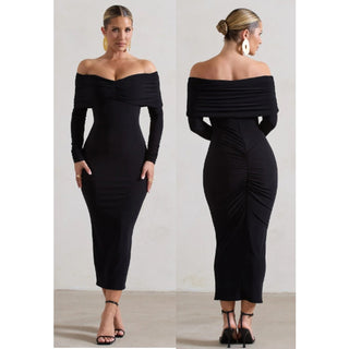 NWT Club L Marcella Ruched Bodycon Off shoulder Bardot Midi Dress Black US 0