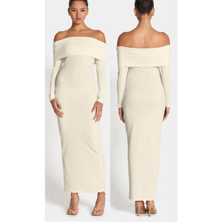 Sofia Gia Off-Shoulder Bodycon Fit Ribbed Midi Dress Cream Women's Size US 6